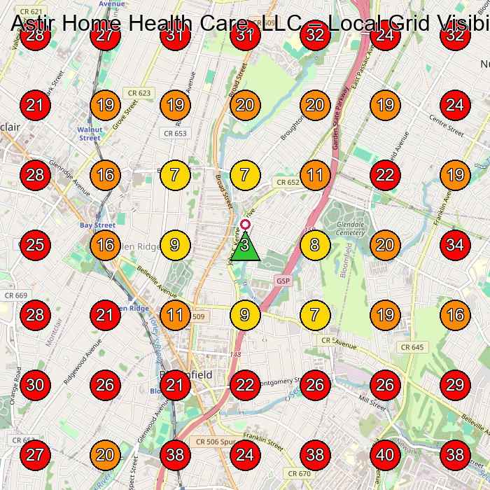 Astir Home Health Care, LLC GeoGrid visibility map for Home Health Care Service in West Caldwell
